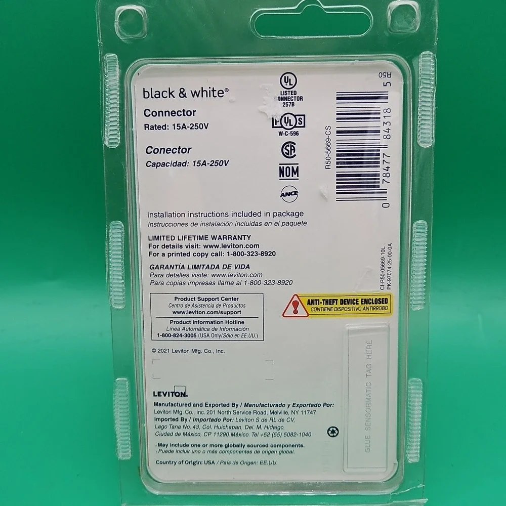 Leviton 15 Amp 250-Volt NEMA 6-15R Straight Blade Connector Black and White